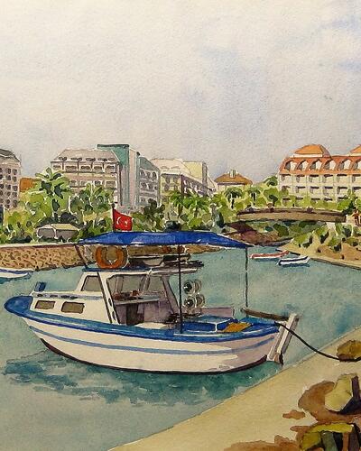 Landschap Aquarel Side Bootje in haven 030 x 040